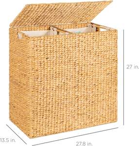 Grand panier à linge double en jacinthe d'eau tissée naturelle Panier de rangement avec 2 sacs à doublure en coton amovibles lavables en machine - Product Image 5