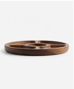 Plateau de service rond en bois d'acacia avec compartiments divisés, design minimaliste fait main, idéal pour les fêtes - Product Image 6