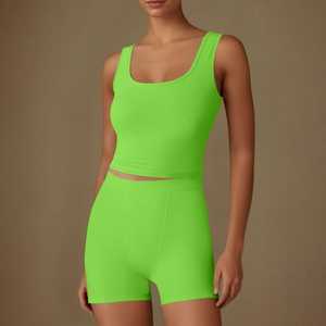 เซตเสื้อครอปเอวสูงและกางเกงขาสั้นเอวสูง2ชิ้นสปอร์ตบราไร้รอยต่อเข้าชุดออกกำลังกายสำหรับผู้หญิง - Product Image 1