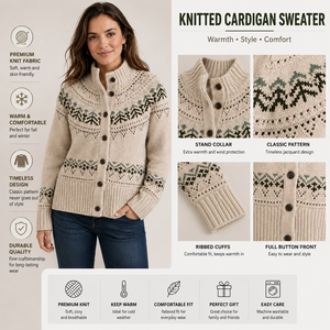 <span class=keywords><strong>Cardigan</strong></span> da Donna 100% Cotone, Maglione Stile Pescatore con Motivo Fair Isle, Collo Alto con Bottoni, Lavorazione Jacquard, Invernale, Color Crema, Abbigliamento Casual - Product Image 3