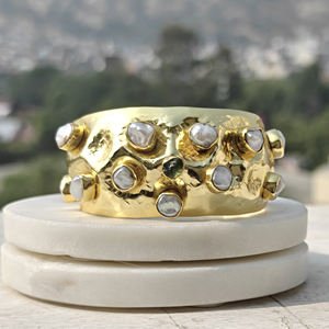 Women exquisite multi mini <b>pearl</b> collection designer adjustable cuff with raw peridot single stone 18k <b>gold</b> plated <b>bracelet</b> - Product Image 4