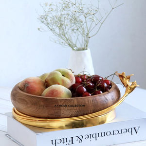 Tazón redondo de madera Soporte de metal de aluminio Diseño de forma de flor dorada para el hogar Hotel Restaurante Decoración del banquete de boda - Product Image 1