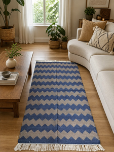 Tapis de sol décoratif moderne en coton fait main, réversible, motif hexagonal épais, avec franges à pompons, pour salon - Product Image 4