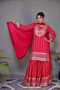 Heavy Faux Georgette Heavy Sequence bordado trabajo Top y Sharara con encaje elegante Dupatta diseñador último desgaste de la boda - Product Image 2