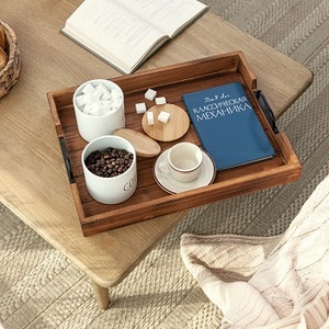 Plateaux de rangement rectangulaires en bois naturel en deux pièces de style campagnard poignées en métal Table basse de cuisine écologique Portable - Product Image 3