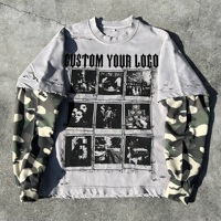 T-shirts imprimés camouflage personnalisés de haute qualité, en coton, pour hommes, style streetwear déchiré, surdimensionné, double couche, manches longues