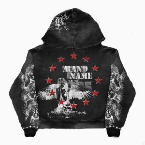 Sudadera con Capucha Personalizada con Apliques Bordados, Pedrería, Lavado Ácido, Cierre de Cremallera, Estilo Vintage, Patchwork, Desgastada, Ropa Urbana - Product Image 3