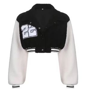 2025 New Arrivals Black White Color Patchwork Lettersstand-up Collar Long Sleeve Slim Lamb Wool Baseball Crop Women Jacket - Product Image 6