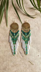 Pendientes de cuentas bohemios turquesa con acentos dorados Pendientes de flecos con cuentas bohemias nativas, pendientes de cuentas de plumas de pluma - Product Image 6