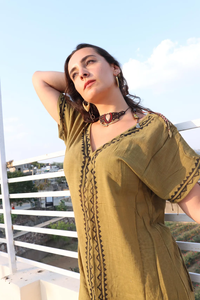 Handmade Boho Dress in <b>Raw</b> <b>Cotton</b> Tribal Block Print Slit Tunic Casual Style with Flared Hem Breathable Washable for Summer - Product Image 3