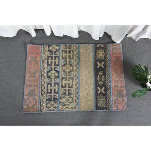Alfombra de lana azul y beige bohemia de área grande, 2.5x3.6ft, diseño de retazos hecho a mano turco clásico, Alfombra de látex para habitación de pasillo - Product Image 2