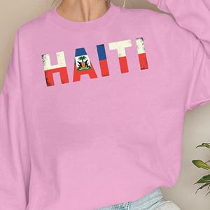 Sweat-shirts décontractés pour femmes à col rond, imprimés par transfert thermique, avec éléments du drapeau d'Haïti, 100% polyester - Product Image 4