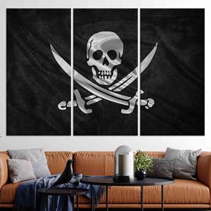 Toile à thème pirate avec drapeau Jolly Roger - Œuvre d'art imprimée à plat pour la décoration, lot de 3 toiles - Product Image 1