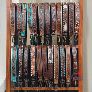 Brand New 2025 Red & Teal Floral Accent Hand Tooled <b>Leather</b> <b>Guitar</b> <b>Strap</b> with Western Style Adjustable <b>Strap</b> for Acoustic <b>Guitar</b> - Product Image 1