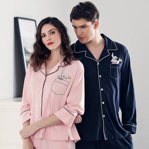 Conjunto de pijama de algodón para parejas, ropa de casa informal, bordado personalizado, cintura elástica, ropa de dormir tejida, texto de dibujos animados - Product Image 3