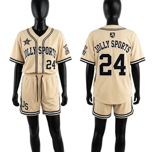 Women Baseball Jersey and Shorts <b>Set</b> 180 GSM Breathable Polyester <b>Mesh</b> Beige Black Piping Custom Logo Women's <b>Set</b> - Product Image 1
