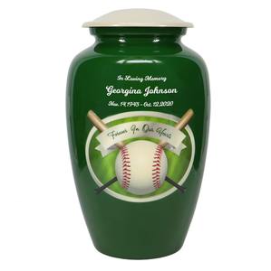 Urna Funeraria de Aluminio Personalizada con Tema de Béisbol para Adultos, Urna Conmemorativa Verde con Nombre y Fechas para Cenizas Humanas, Urna Decorativa Personalizada. - Product Image 1