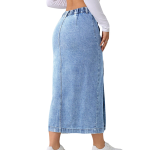 Jupe longue en jean tissé bleu clair pour femme, taille haute, boutonnée sur le devant, fente latérale, coupe droite décontractée, pour l'été et l'automne, usage quotidien - Product Image 2