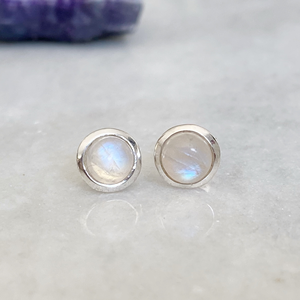 Radiant <b>Rainbow</b> Moonstone Round Stud Earrings Width 7 Mm Set In 925 Sterling Silver White Gemstone Wedding Anniversary Gift - Product Image 1