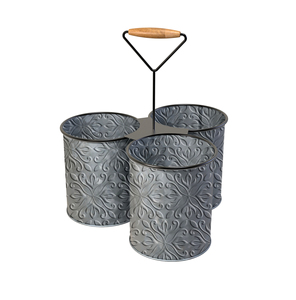 Galvanized Metal Triple Bucket Caddy with Wooden Handle Rustic Garden Planter Organizer Storage Pots Set - Product Image 4