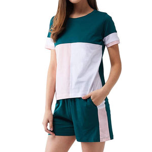 Nueva llegada verano 2 piezas camiseta y pantalones cortos Twin Set mujeres transpirable Color sólido señoras verano Twin conjuntos personalizados OEM - Product Image 1