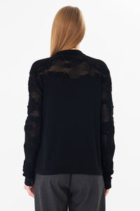 Blouse élégante en tricot à col polo pour femme - Motif rose, dentelle, manches longues, blanc, chic, tricot - Product Image 5