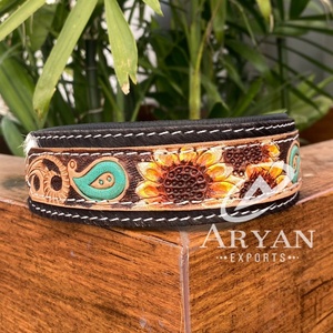 Adjustable Genuine Cowhide Leather Padded Dog Collar Personalized Luxury Designer Hand Tooled Leather Pet Collars for Small Dogs - Product Image 1