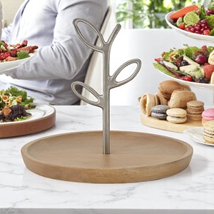 Handcrafted 25cm Acacia <b>Wood</b> Serving Tray with Decorative Aluminum Leaf Handle for Snacks and <b>Cakes</b> for Home Party Use - Product Image 2