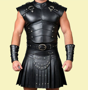 Armadura de cuero negro para hombre y traje de armadura de caballero templario plisado Kilt | Knights Crusader - Product Image 1