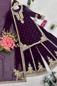 Sharara Ghararaインド刺繍作品冬Salwar Kameez Midiパーティーデザイナー伝統的な民族3ピースセットReadymade - Product Image 5