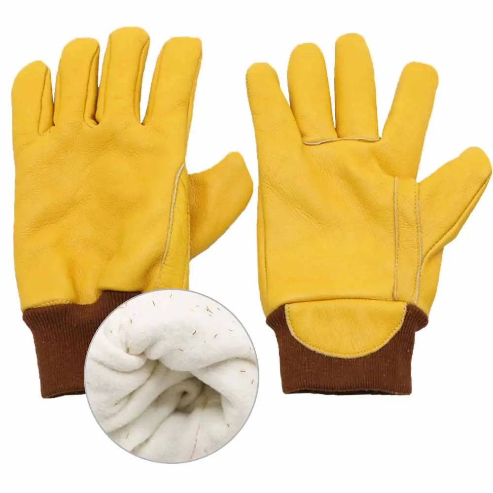 ถุงมือนิรภัยหนังแกะสีเหลืองสำหรับผู้ชายถุงมือขับรถหนังวัวทำงานด้วยความร้อน