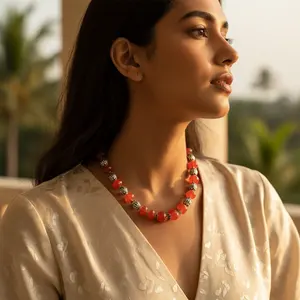 Collar de Perlas de Agua Dulce Rojas Clásicas para Mujer con Detalles en Plata, Joyería Religiosa de Moda, Hecho Principalmente de Plástico de Jade - Product Image 2