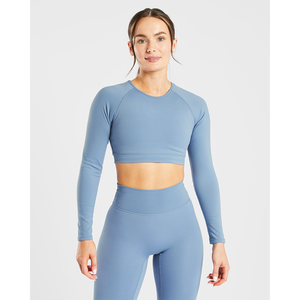 Top corto de manga larga con grapas para mujer de color azul pizarra de la mejor calidad, camisetas cortas de Fitness suaves y ligeras elásticas de 4 vías para mujer - Product Image 1
