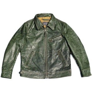 Chaqueta de cuero genuino para hombre Horsehide Slim Green Brown Stone Wash Motorcycle Biker Ropa DE TRABAJO Ropa transpirable Chaquetas para hombres - Product Image 1