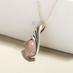 Estilo bohemio, Plata de ley, Cuarzo Rosa, corte redondo, conjunto de puntas, colgante de piedras preciosas, joyería clásica hecha a mano para mujer, chapado en plata - Product Image 3