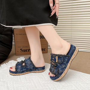 New Women Denim Buckle Espadrille Platform Slides Wholesale Bulk Custom <strong>Ladies</strong> Frayed Edge Platform Sandals for Summer Beach - Product Image 5