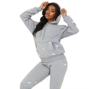 Women's Tall <b>Navy</b> Cropped Hooded Sweatshirt Joggers Set 100% Cotton Two Piece Track Suit Short <b>Tops</b> Eco-Friendly Loose Fit - Product Image 3