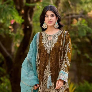 Designer de luxe à la mode haut pantalon avec Dupatta ensemble nouveauté saisonnier velours séquence broderie robe costume à bas prix - Product Image 1