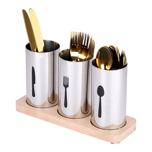 Organizador de cubiertos y cubiertos de metal de alta calidad más vendido, soporte para cubiertos con base de madera - Product Image 5