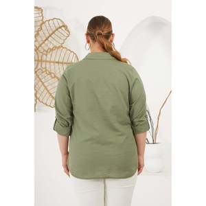 RMG Plus Size Khaki Cotton Linen Blend <b>Shirt</b> with Shoulder <b>Epaulets</b> for Women - Comfortable and Stylish Casual Wear - Product Image 4