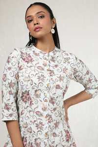 Superbe qualité Trendy A-Line Designer Dress Warm Beige Cotton Linen Ethnic Floral Motifs Natural Waistline Pant Washable Warm - Product Image 3