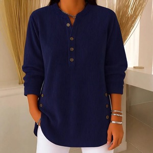 Camiseta Holgada de Manga Larga con Cuello en V y Botones para Mujer, Estilo Casual de Otoño, Color Sólido, Talla Grande - Product Image 2