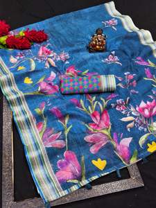 Saris en coton lin de qualité supérieure et riche, imprimés numériquement - Product Image 6