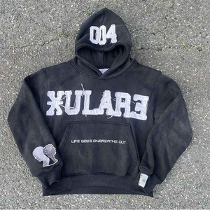 เสื้อฮู้ดสตรีทแวร์ผ้าฟลีซเนื้อหนา ผสมคอตตอน/โพลีเอสเตอร์ เป็นมิตรต่อสิ่งแวดล้อม สำหรับผู้ชาย ล้างสีแบบแอซิดวอช ปักโลโก้ตามสั่ง แบบนูน 3 มิติ - Product Image 6