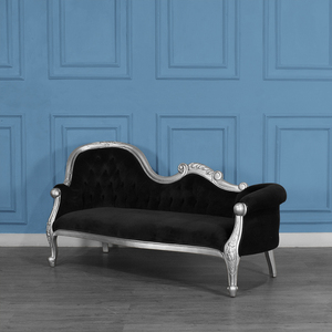 Chaise Longue Tradicional Versailles de un Solo Lado, Hecha de Madera de Caoba, Tela Plateada de Alta Calidad, Terciopelo Negro, para Uso en Interiores del Dormitorio - Product Image 2