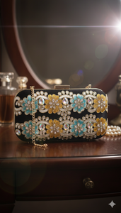 Aplique Floral Bordado con Cristales Regal, Ribete de Encaje, Dúo Dorado y Aqua - Product Image 3