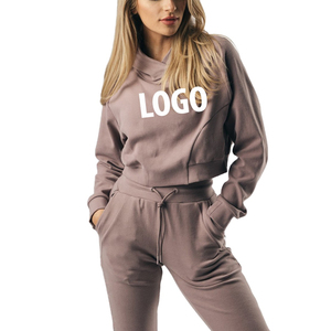 OEM Service Primavera Venta al por mayor Crop Tops Outfit Algodón Sudadera con capucha Sudaderas Jogger Mujeres 1 pieza Bordado de peso pesado - Product Image 5