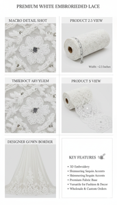 Tissu en dentelle blanc à sequins 100 % polyester brodé floral écologique vintage pour robe de mariée, vente en gros, pour robes de créateur - Product Image 6