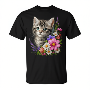 Maglietta Floreale con Gattino Carino, T-Shirt Promozionale con Stampa Floreale per Gatti - Product Image 2