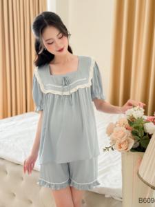 กางเกงขาสั้น B609สีน้ำเงินออกแบบได้เองชุดเสื้อผ้าคุณแม่เรียบง่ายมีความยืดหยุ่นสูงระบายอากาศได้ใส่สบาย - Product Image 4